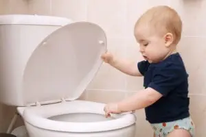 little boy looks in the toilet