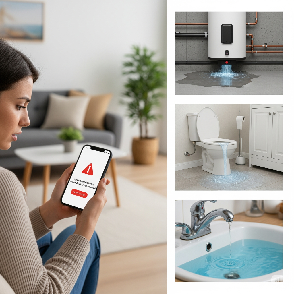 Woman in Greenwich, CT home gets a smartphone alert about a potential water leak.
