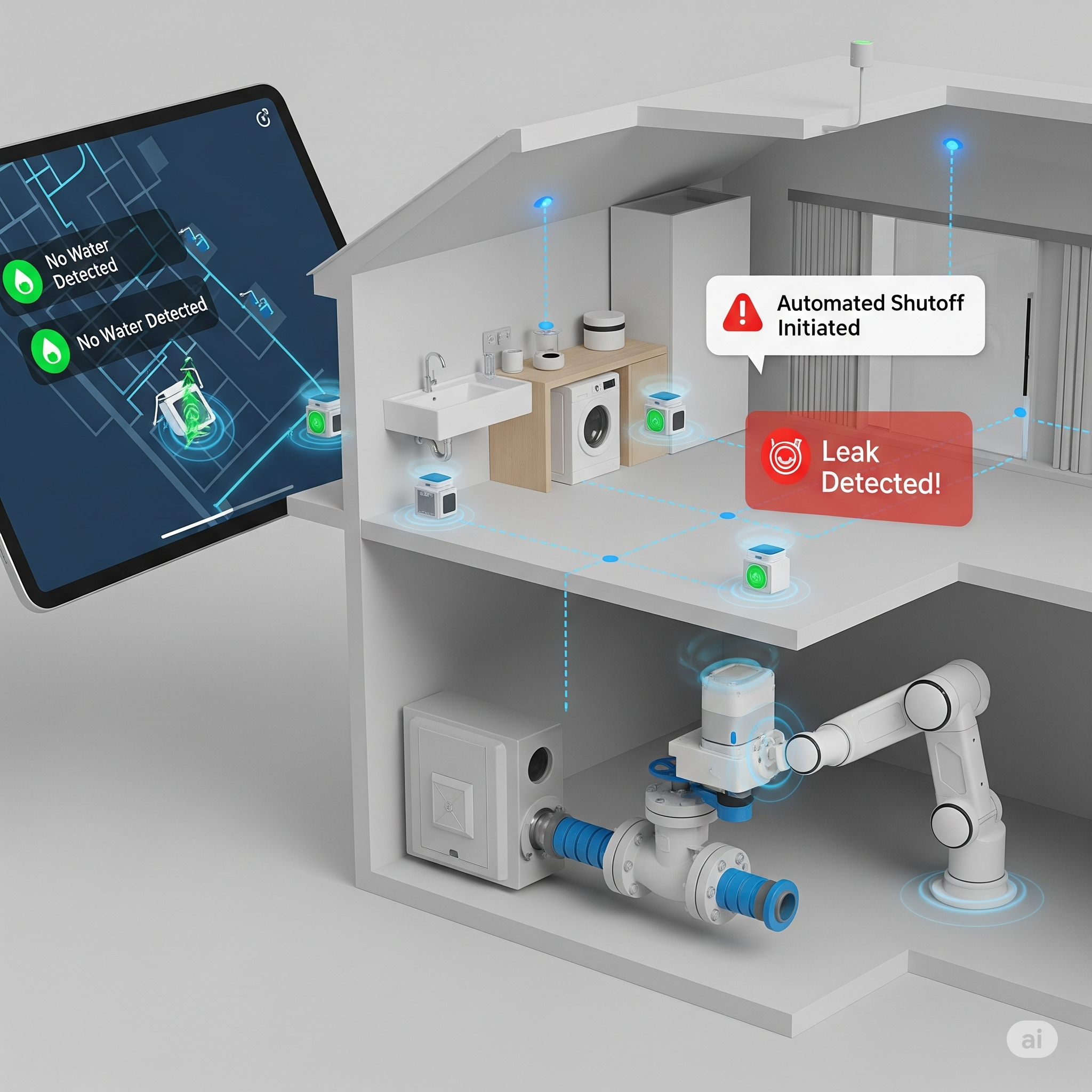 a computer screen showing a house with a robot arm and a computer